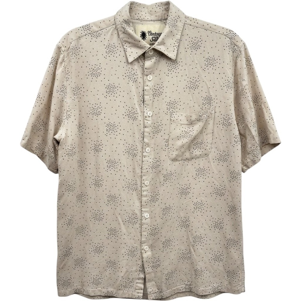 Vintage Silk Mens Shirt XL Tan Dotted Silk Rayon Short Sleeve Pocket Camp Boho